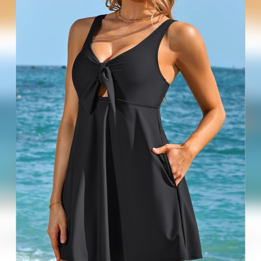 Black Tie-Front Swimdress with Pockets - Women NWT Size LARGE Spf 50